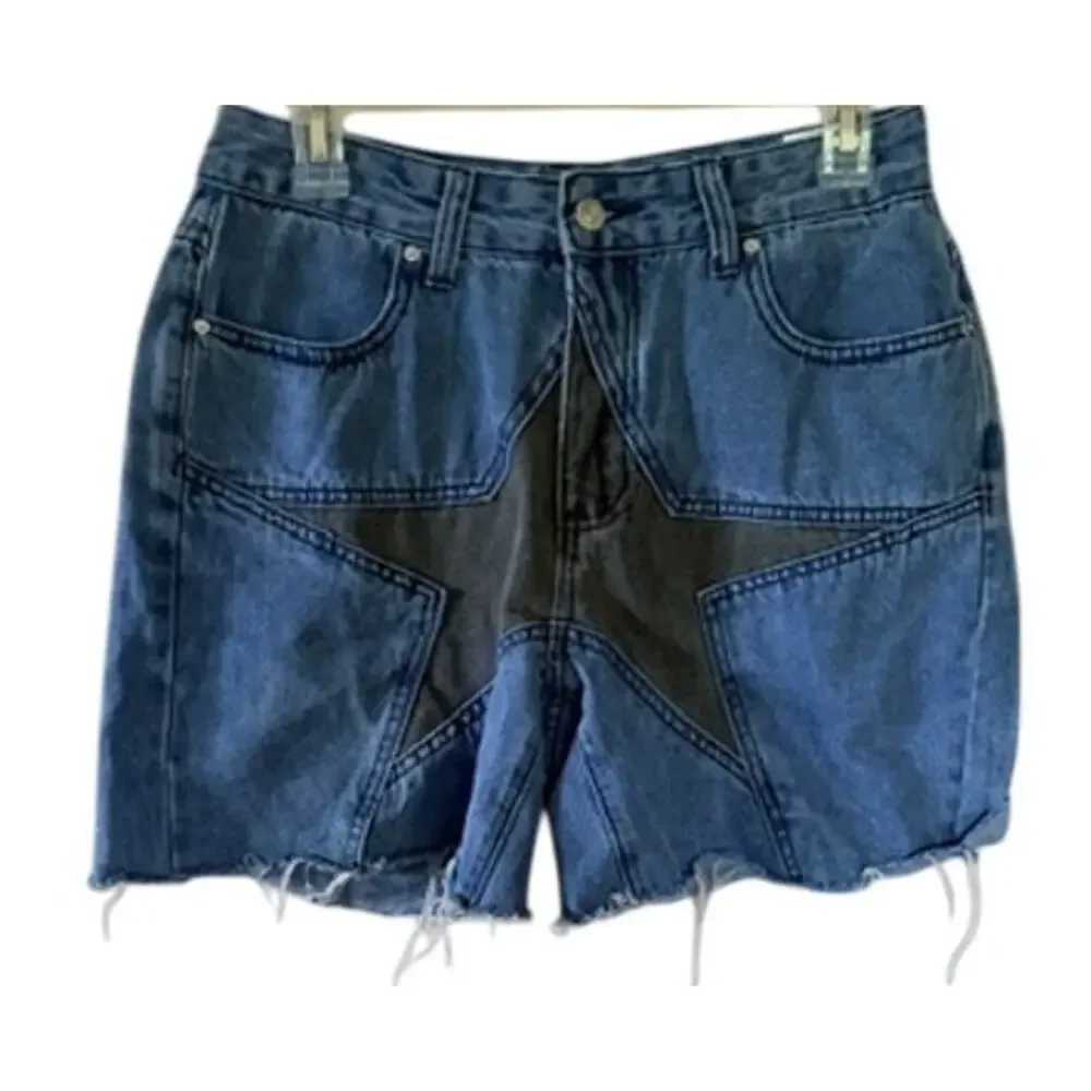 ROMWE Women’s Star Patchwork Denim Shorts Blue Raw Hem Size Medium Jorts
